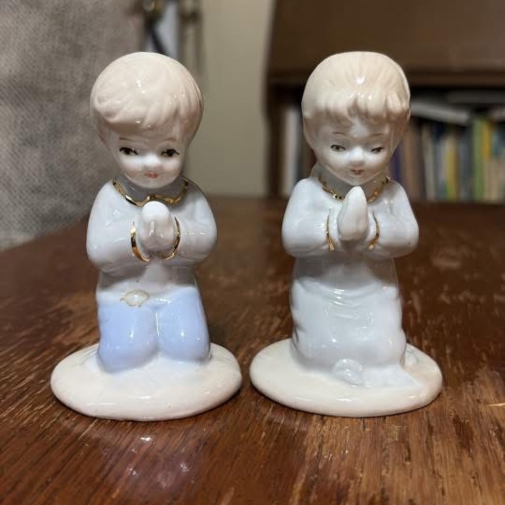 Porcelain Praying Children Figurines - Cream and Blue